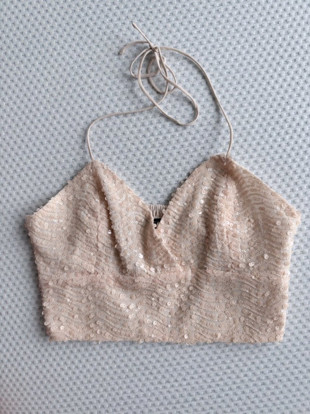 Zara Sequin Halter Crop Top Blush Nude Size XS V-Neck Tie Neck Party Top